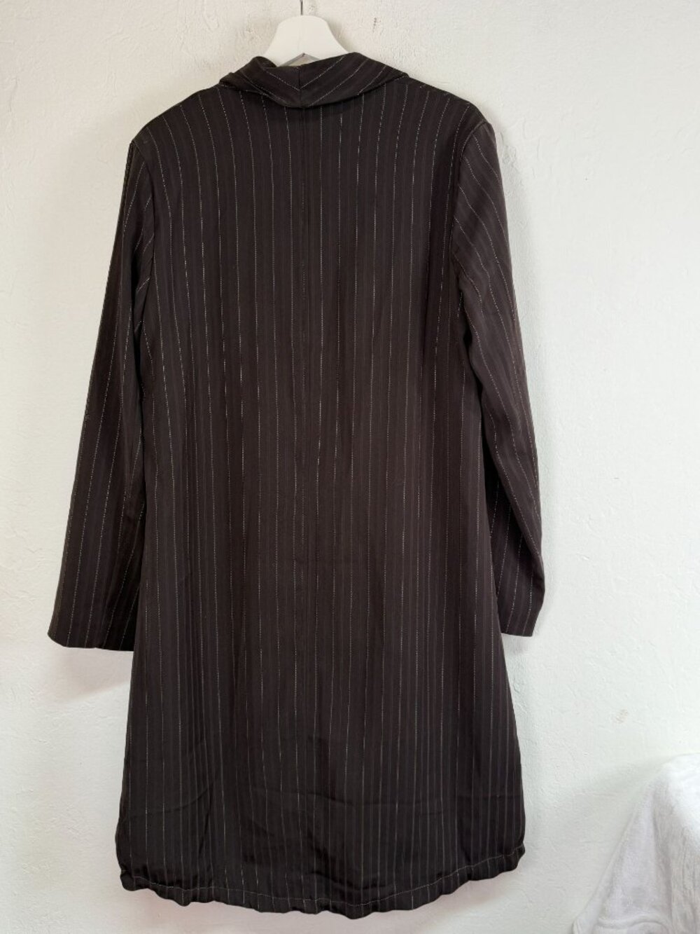 Animale Women's Size 10 Brown Pinstripe Long Coat Jacket Drawstring Hem NWT $238 - Picture 3 of 8